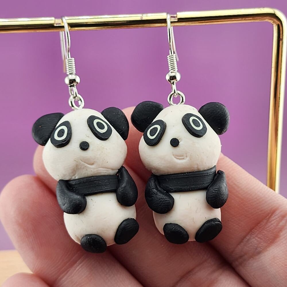 Panda Bear Dangle Earrings Black White Sculpted Animal Kawaii Novelty